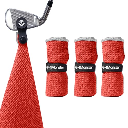 4Monster Golf Towels 3-Pack with Detachable Magnet and Portable Pouch, Quick-Dry Microfiber Golf Towel Set for Golf Bags,Custom Towel Gifts for Men or Women (3, Red)