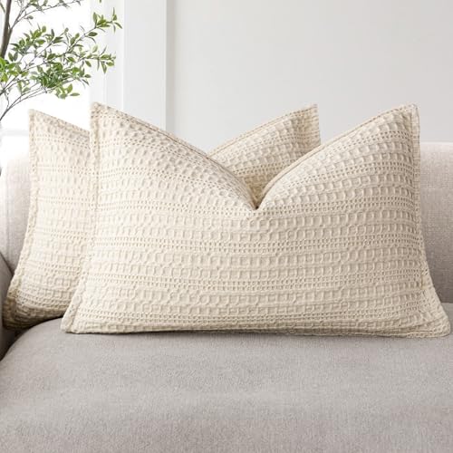 Foindtower Set of 2 Decorative Cotton Waffle Weave Lumbar Throw Pillow Covers Euro Shams Cushion Covers Accent European Pillowcase For Bed Couch Bedroom Living Room Home Decor 12??20 Inch Natural Beige