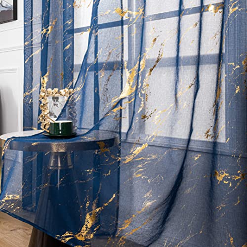 "Sutuo Home Marble Sheer Curtains 63 Inch Length 2 Panels Set, Gold Foil Print Metallic Bronzing, Privacy Window Treatment Abstract Drape Pair for Bedroom Kitchen Living Room 52"" W x 63"" L, Navy Blue"