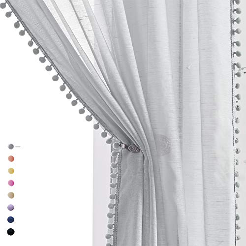 Treatmentex Grey Linen Textured Sheer Curtains Drapes for Bedroom Living Room Office Window Curtain Set 2 Pack Extral Long 108 inches Length Rod Pocket
