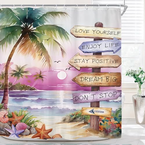 Riyidecor Tropical Beach Palm Tree Shower Curtain for Bathroom Decor 72Wx72H Purple Ocean Sea Quotes Coastal Sunset Scenery Inspirational Art Printed Fabric Polyester Waterproof 12 Pack Plastic Hooks