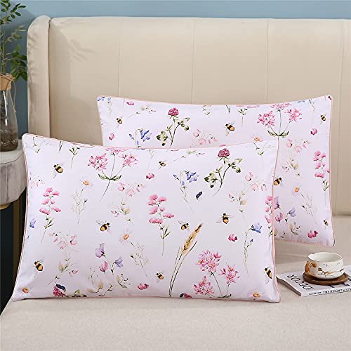 YOU SA 100% Cotton Pillowcases Set of 2 Flowers Pattern Bed Pillow Covers Envelope Closure End Bees Pink Pillow Case (King,Color-10)