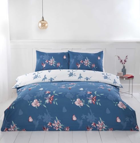 Rapport home Hummingbird Floral Blue Single Duvet Cover Set - Soft Easy Care Polyester Bedding with Pillowcase