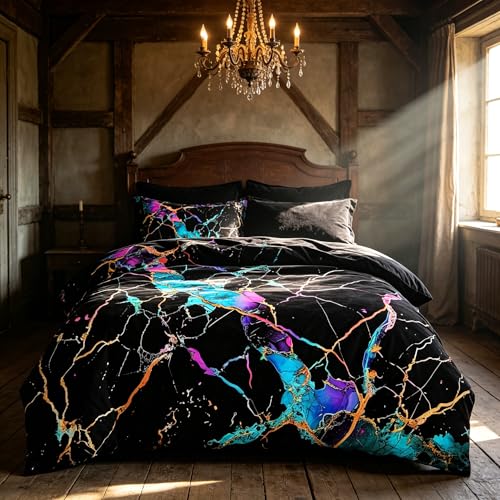 CCoutueChen Black Marble Comforter Set Queen Size, Gradient Abstract Line Bedding Set, Glowing Marbling Texture Lightweight Down Alternative Comforter- 3Pieces Microfiber Bedding for Adult Women