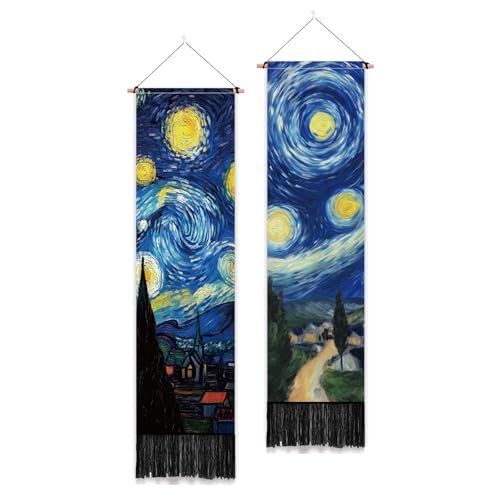 "PLIGREAT 2 Pack Starry Night Tapestry with Tassels, Blue Oil Painting Art Wall Hanging Vertical Long Narrow Home Wall Tapestry for Bedroom Living Room Bathroom Dorm, 52"" x 13"""