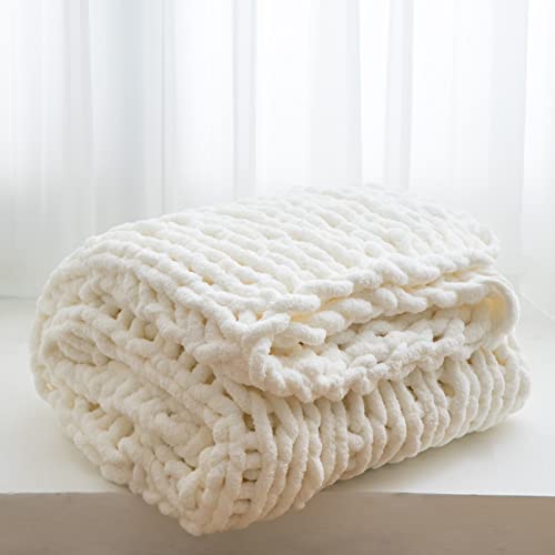 "WESHIONGOO Chunky Knit Throw Blanket 50""×60"" Knitted Throw Blankets for Couch Bed Fluffy Soft Blanket with Jumbo Chenille Yarn Thick 100% Handmade (Cream White)"