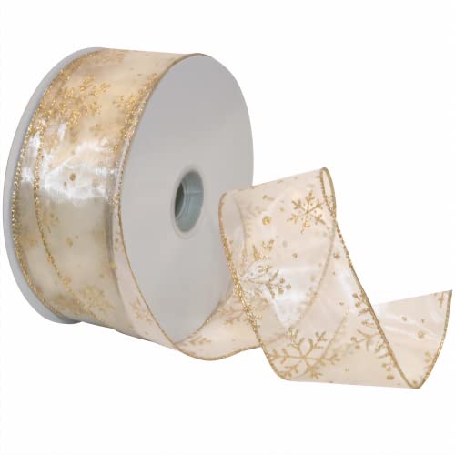 "Morex Ribbon 7405.60/50-004 Snowflake 2.5"" X 50 YD Nylon Sheer Wired Glitter Ribbon, Ivory/Gold, Ribbon Art Supplies for Christmas Decorations, Indoor Christmas Ribbon for Gift Wrapping Art Set"