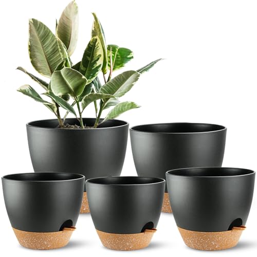 SE SUN-E Self Watering Plant Pot with Drainage Hole, Flower Plants Pots for All Indoor Plants,Modern Black Plastic Self Watering Planters Succulent Pot 5pcs/Set