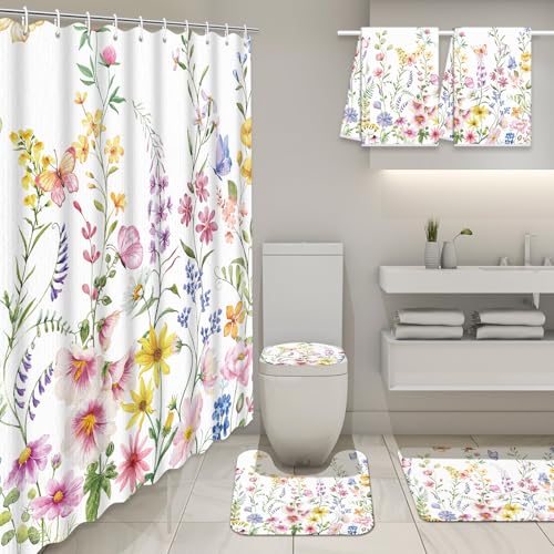 Nuanchu 6 Pcs Wildflower Shower Curtain Set with Rug Floral Flower Bathroom Sets with Shower Curtain Bath Mat U Shaped Mat Toilet Lid Cover 2 Bath Towels and 12 Hooks Spring Bathroom Decor