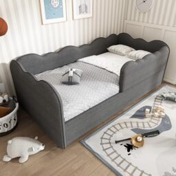 Ball & Cast Single Grey Upholstered Bed with Pull Out Bed, 3ft Single Day Bed Trundle Bed, with Unique Cloud Shape, Slatted Frame, for Adults Children, Linen/90x190cm(No Mattress)