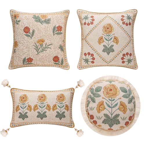 patdrea Throw Pillow Covers Cushions Set of 4,Summer Linen Farmhouse Throw Covers,Floral Decorative Throw Pillow Case for Car Couch Sofa Bed Living Room