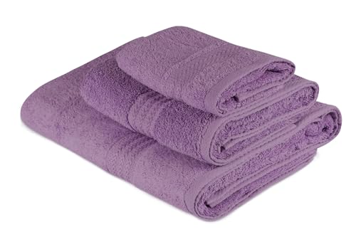 Foutastic Luxurious Lilac Towel Set (3 Pieces), 100% Cotton, 500 gr/m², Includes Wash Towel (30 x 50 cm), Hand Towel (50 x 90 cm), Bath Towel (70 x 140 cm), Machine Washable, Gift Box Included