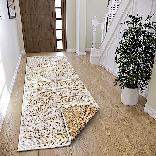 NORTHRUGS Biri Indoor & Outdoor Reversible Rug - Flat Weave, Boho Design, Oeko-Tex, Weatherproof & UV Resistant for Balcony, Patio, Garden, Ochre, 80 x 350 cm