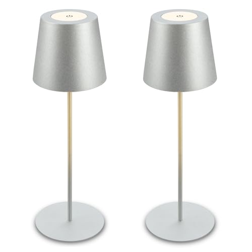 Briloner - Set of 2 Rechargeable LED Table Lamps, with Touch Control, Dimmable, Adjustable Height, IP44, LED Light, Battery Table Lamp, Bedside, Cordless, Night Light, Outdoor, 12X36 cm, Matt Chrome