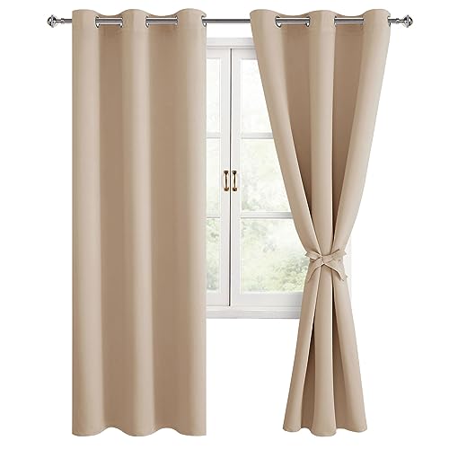 Hiasan Blackout Curtains for Bedroom, 42 x 84 Inches Long - Thermal Insulated & Light Blocking Window Curtains for Living Room/Kids Room, 2 Drape Panels Sewn with Tiebacks, Beige