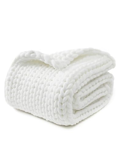YNM Original Hand Knitted Throw Blanket - Soft, Breathable and Portable Medium-Weight Chunky Knit Throw for Couch, Sofa, Bed and More - Stylish Home Décor Piece (White, 100x130 cm)