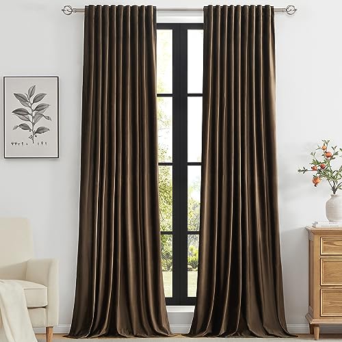 Primrose PRIMROSE Brown Velvet Curtains 96 inch Long for Living Room,Set of 2 Panels Blackout Rod Pocket Back Tab Window Treatment Room Darkening Heavy Decorative Curtains Drapes for Bedroom