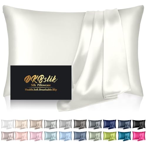 DKBslik Mulberry Silk Pillow Cases Standard Size, Silk Pillowcase for Hair and Skin, Anti Acne Cooling Sleep Both Sides Natural Silk Satin Pillow Covers with Hidden Zipper, Gifts for Women Men, Ivory