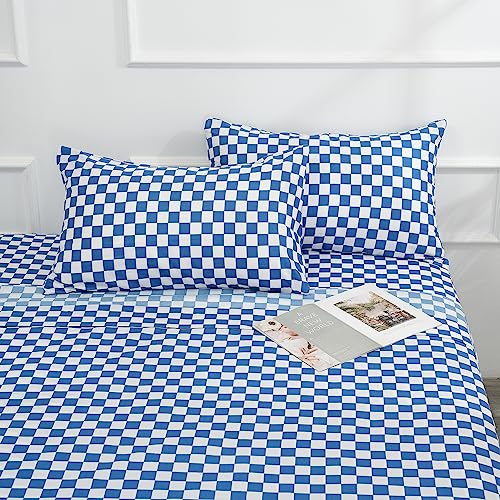 Best Season Queen Size Sheet Set 4 Piece -Microfiber Soft Durable Bedding Sheet Set,Deep Pocket,Stain,Fade & Wrinkle Resistant (Plaid Blue&White)