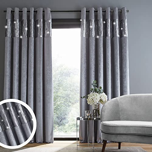 Catherine Lansfield Crushed Velvet Glamour Sequin Eyelet 66x54 Inch Curtains Grey