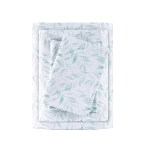 "Madison Park 100% Cotton Sheets, Queen Size, 200TC, Green Leaves, 4 Piece - Breathable & Soft Sheet Set, Printed Design, All Season Comfort, Elastic Deep Pocket Fits Up to 17"" Mattress, OEKO-TEX"
