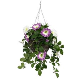 GreenBrokers Artificial Pink & White Petunia Round Rattan Hanging Basket (25cm)
