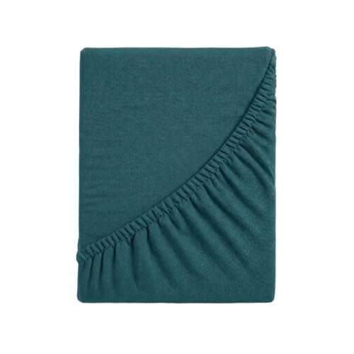 Fitted Sheet for Single Bed, Plain Dyed Fitted Bottom Sheet, 4 Sides, 100% Cotton Jersey, 80/90 x 190/200 cm, Teal