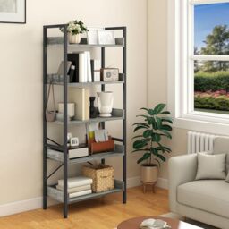 YITAHOME 5 Tier Bookcase, Floorstanding Wooden Shelves with Stable Steel Frame Shelving Unit, Industrial Storage Organizer Shelf with 4 Hooks for Living Room Home Office, Grey