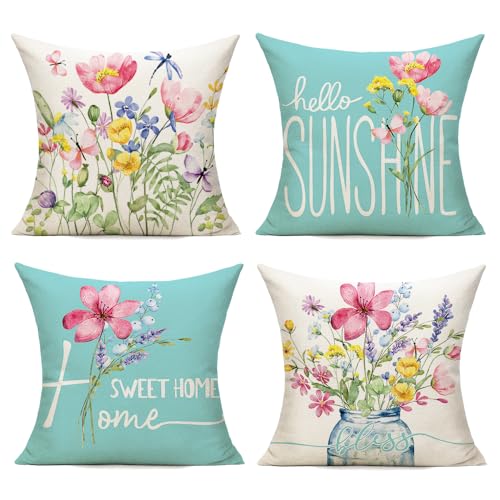 WOKANI Spring Outdoor Throw Pillow Covers 16x16 Set of 4 Garden Flowers Farmhouse Patio Decorative Cushion Covers Home Decor Couch for Sofa Bedroom Livingroom, SkyBlue