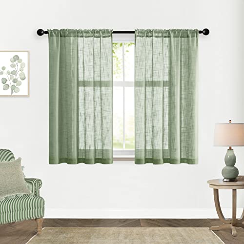 SHINELAND Bathroom Short Curtains, with Eucalyptus Decor, Linen-like Transparent Boho Curtains for Kitchen or Shower Windows, 48 inches Long, Set of 2, Sage Green