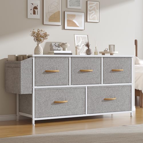 Feonase Fabric 5 Drawer Storage Cabinet with Side Pocket – Wide Dresser Chest for Bedroom, Hallway, Nursery & Closet, Metal Frame & Wood Top, Lightweight Storage Unit Light Grey