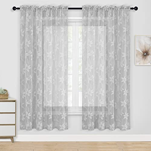 DWCN Grey Sheer Curtains - 63 inch Length Floral Lace Rod Pocket Window Voile Sheer Drapes for Living Room Bedroom Elegant Curtain Panels 52 x 63 inch Length, Set of 2, Lace Grey
