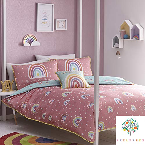 Appletree - Pink Rainbow Duvet Cover - Double Bedding Size (200 x 200cm) - Soft 100% Cotton - 2 Pillowcases - Tufted Pom Piped Edge - Reversible Colours - Pink Bedding with Rainbow Print