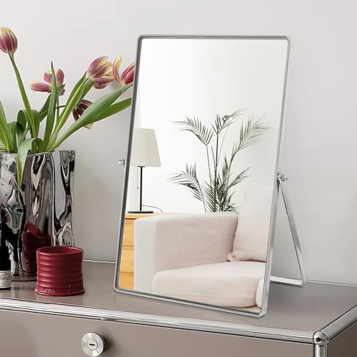 Numjeg Makeup Vanity Mirror Portable Desktop Mirror with Metal Stand Adjustable 90° Rotation Desk Mirrors for Dressing Room,Bedroom, Bathroom,Tabletop,Square Silver