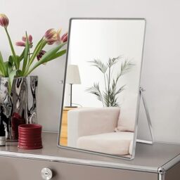 Numjeg Makeup Vanity Mirror Portable Desktop Mirror with Metal Stand Adjustable 90° Rotation Desk Mirrors for Dressing Room,Bedroom, Bathroom,Tabletop,Square Silver