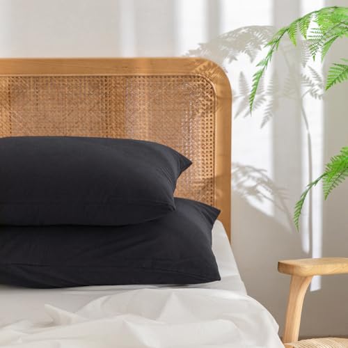 BESTOUCH Washed Cotton Pillowcases Linen Feel Dark Black Queen - 100% Washed Cotton, Linen Feel, Soft Wrinkle Texture, Envelope Closure, Breathable Lightweight Durable Comfy, 2 Pcs No Insert