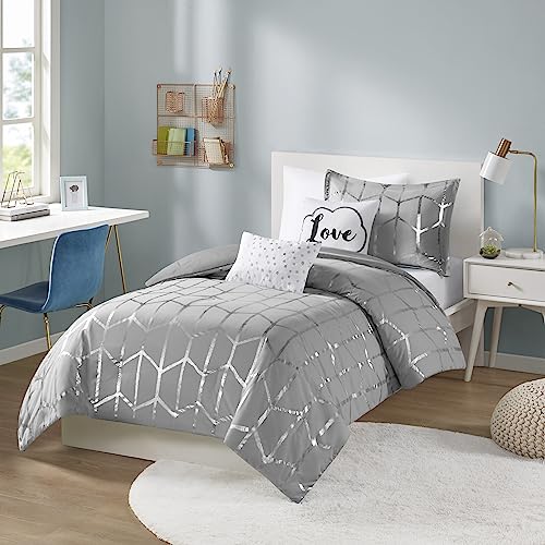 Intelligent Design Raina Duvet Set Metallic Print Geometric Style Embroidered Toss Pillows Modern Trendy All Season Comforter Cover Bedding-Set with Matching Sham, Twin/Twin XL, Grey/Silver 4 Piece