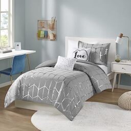 Intelligent Design Raina Duvet Set Metallic Print Geometric Style Embroidered Toss Pillows Modern Trendy All Season Comforter Cover Bedding-Set with Matching Sham, Twin/Twin XL, Grey/Silver 4 Piece