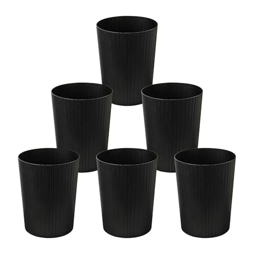 Cetomo 7.2L*6 Plastic Waste Paper Bin, Trash Can, Small Bins, Bedroom Bin, Round Waste Basket with Solid Stripe for Kitchen Rooms, Nesting, Matte, Frosted, Minimalist, Open Top, Black, 7.2L(6 Pack)