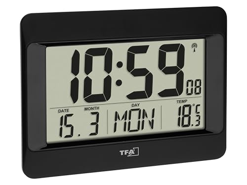 TFA Dostmann Digital Wall Clock, 60.4519.01, Radio-Controlled Clock with Indoor Temperature, Day of the Week (8 Languages), Date, Time Zone Setting, Black, Plastic, (L) 215 x (W) 160 x (H) 26 (68) mm