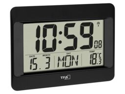 TFA Dostmann Digital Wall Clock, 60.4519.01, Radio-Controlled Clock with Indoor Temperature, Day of the Week (8 Languages), Date, Time Zone Setting, Black, Plastic, (L) 215 x (W) 160 x (H) 26 (68) mm
