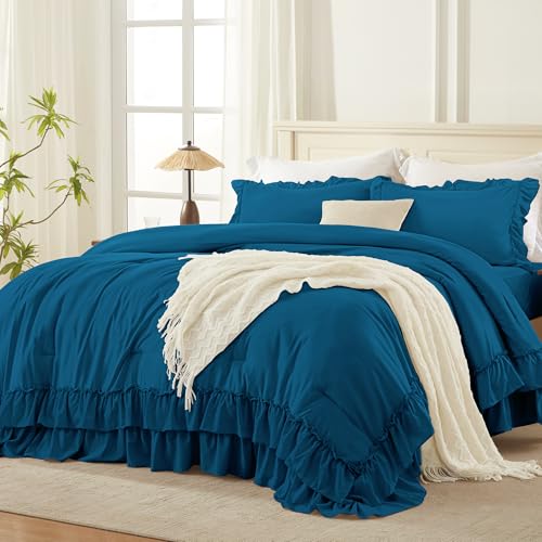 Andency Teal Ruffle California King Comforter Set, 3 Pieces - Lightweight Fluffy, Farmhouse Shabby Chic Bedding Comforter Sets, Soft Polyester All Season, Cal King Bed Sets(104x96Inch)