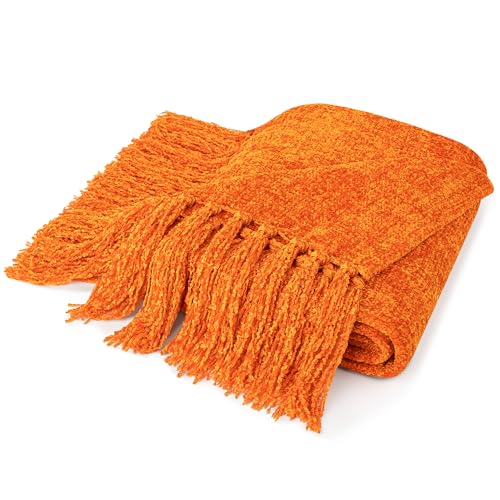 PAVILIA Orange Knit Woven Blanket with Tassel, Decorative Textured Blanket for Living Room, Twin Size 60x80