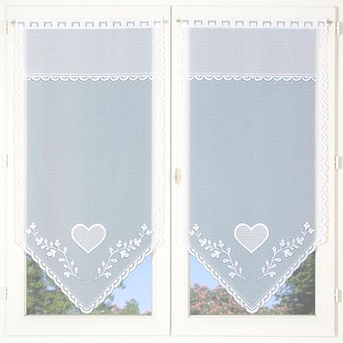 Homemaison - Pair of Small Heart Shaped Sheer Curtains - Polyester - Screening, Elegant - Window, Living Room, Bedroom - Rod Pocket, Tip Finish - 60 x 160 cm - White