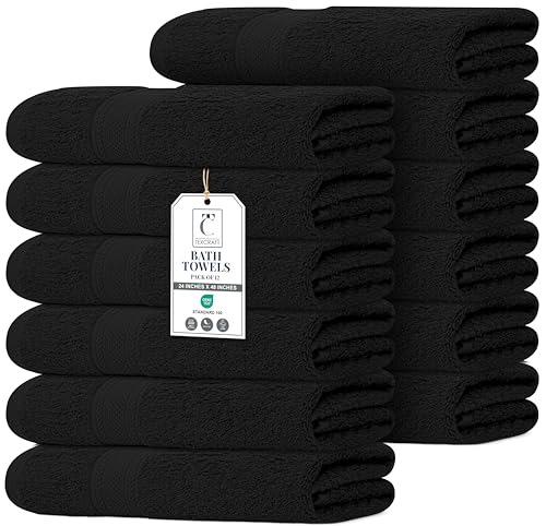 TEXCRAFT Premium Bath Towel Set - 24 x 48 Pack of 12 100% Cotton Terry Towels for Bathroom - Quick Dry - Highly Absorbent Soft Feel - Pool - Spa - Gym - Hand Towel for Daily Use - Black