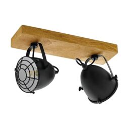 Eglo Ceiling Light Gatebeck, 2-Light Vintage Ceiling Lamp, Industrial, Retro, Ceiling Spotlight Made of Black Steel and Natural Wood, Living Room Light, Kitchen Lamp with E14 Socket