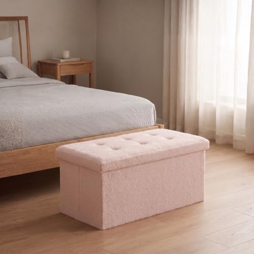 GC GAVENO CAVAILIA Boucle Pink Ottoman Storage Box Large With Lids - Comfortable Fabric Foldable Storage Bench Blanket Box - Storage Footstool For Living Room, Hallway, Bedroom, 76x38x38cm