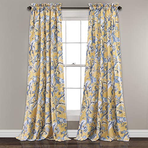 "Lush Decor, Yellow Curtains Dolores Darkening Window Set for Living, Dining Room, Bedroom, 95"" x 52"", Blue, 95 in x 52 in Panel Pair"