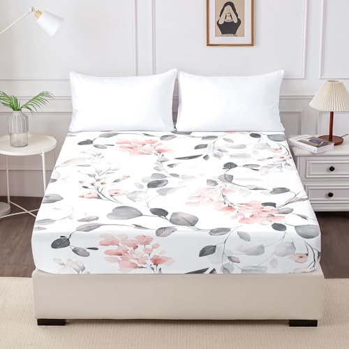 HCORA Floral Fitted Sheet Only, 100% Brushed Microfibre Deep Pocket Fitted Bottom Sheet, Ultra Soft, Shrinkage and Fade Resistant, Queen Size