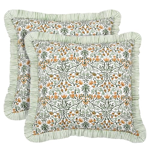 "Ridhi Block Print Goldenrod Yellow Throw Pillow Cover 18"" x 18"" (Pack of 2) Decorative Cushion Covers with Ruffle for Couch, Sofa, Bed, Living Room, Home Decor Gift for Spring, Easter, Valentine"